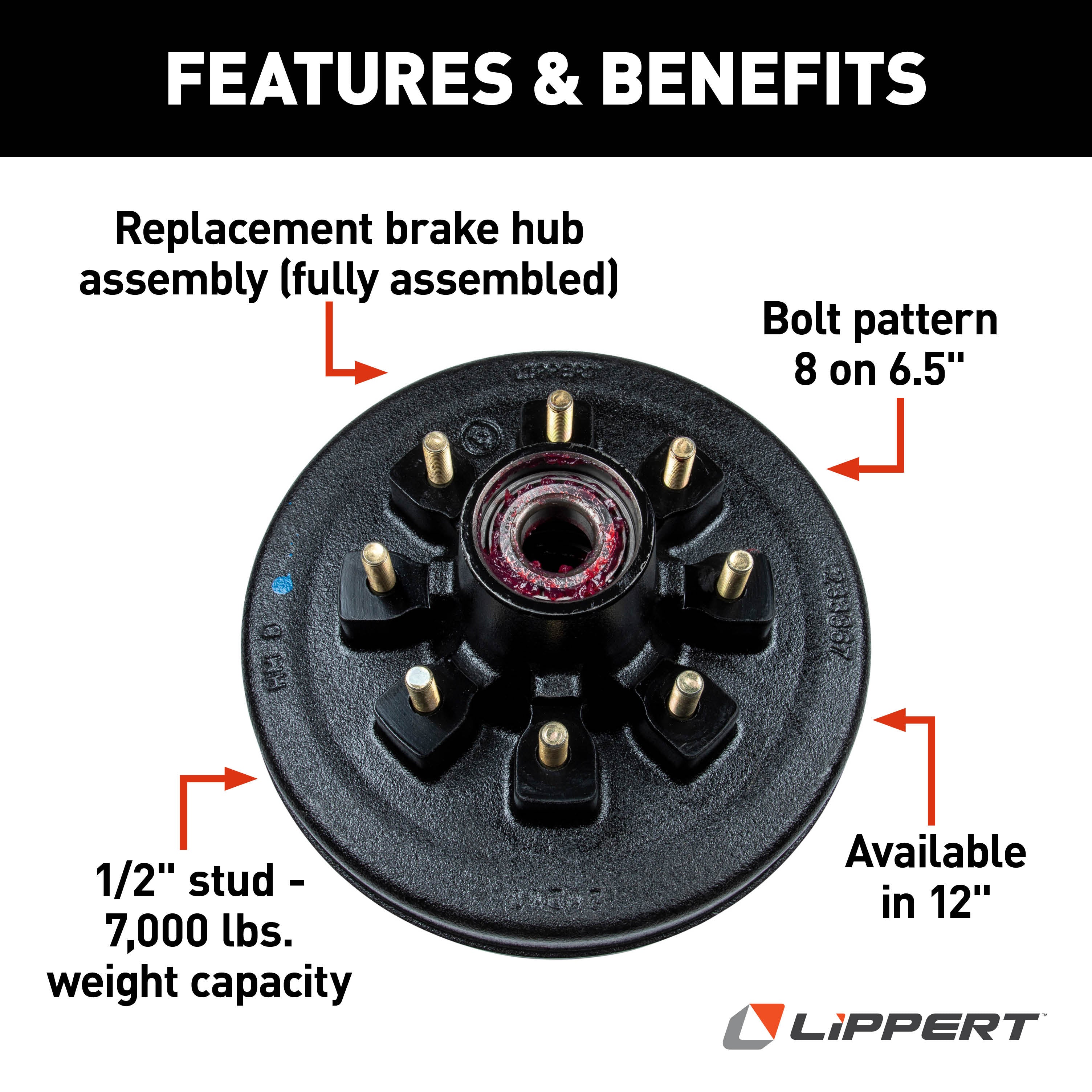 12'' Brake Hub Assembly 8-6.5 BC; 1/2'' stud; 7000# (Retail Box)